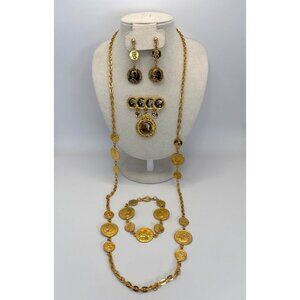 Gold Tone Faux Coin Jewelry Set Necklace Bracelet Earrings & Brooch Pin
